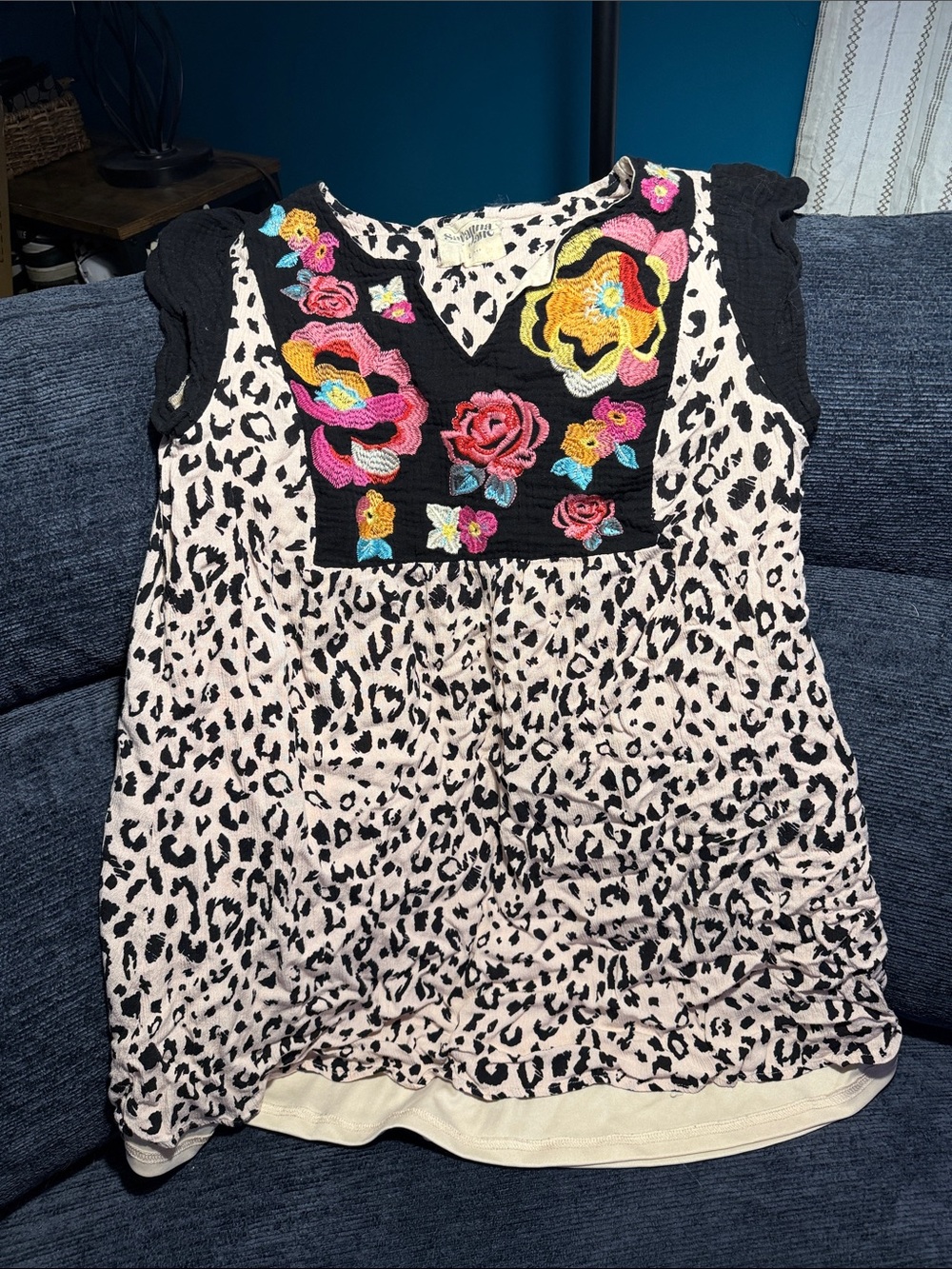 Savanna Jane Black & Cream Leopard Print Top with Multicolor Floral Embroidery